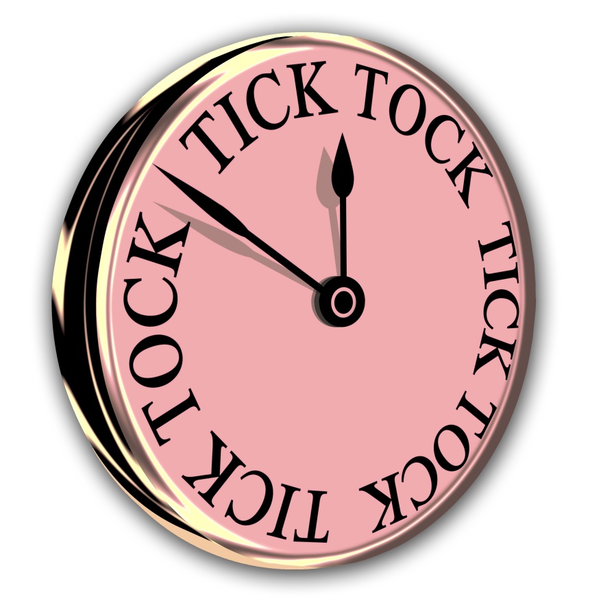 A wall clock with Tick Tock face design in pink and gold isolated on white