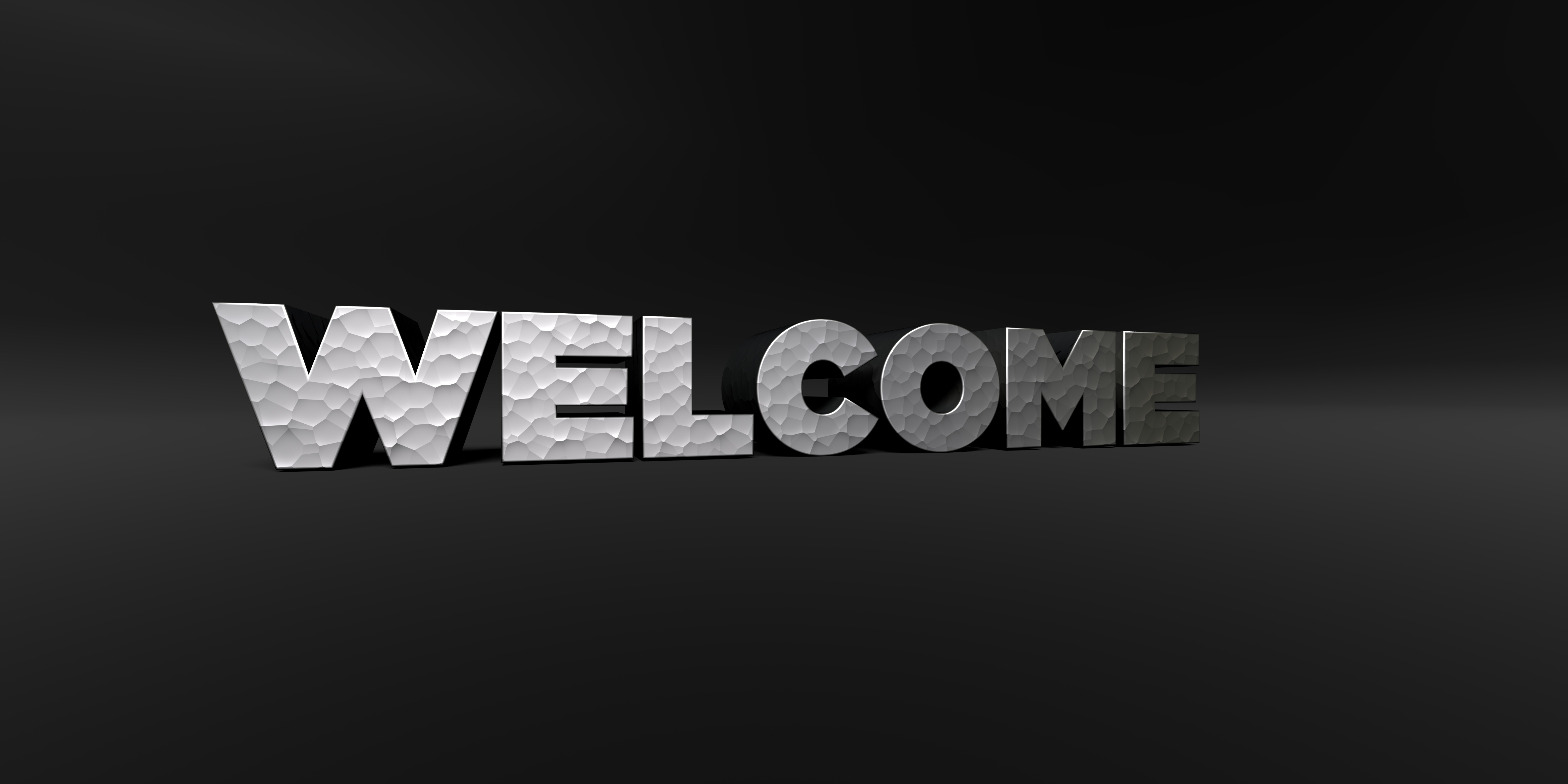 WELCOME - metal finish text on black studio - 3D rendered stock photo