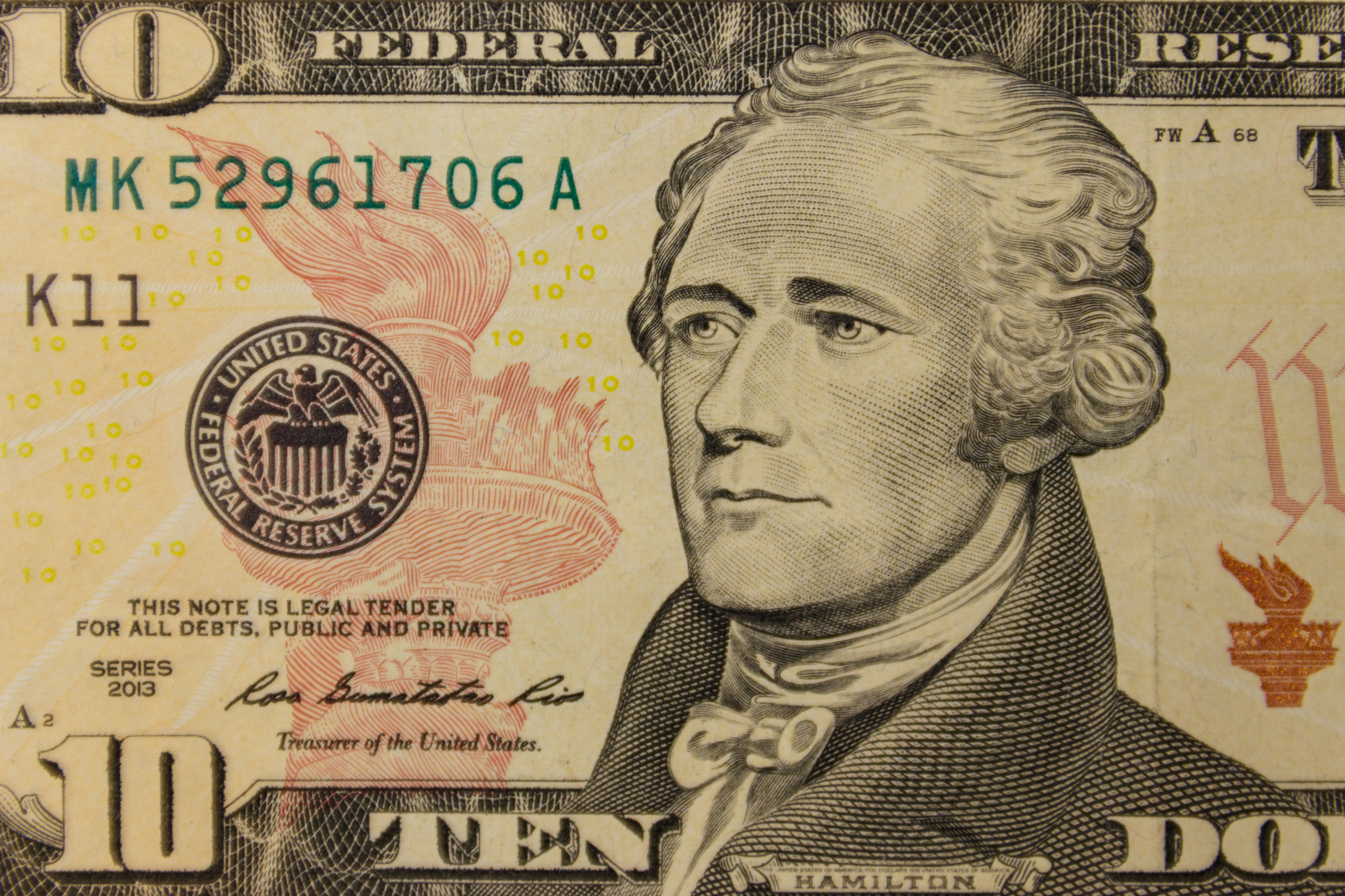 Macro shot of ten dollars banknote