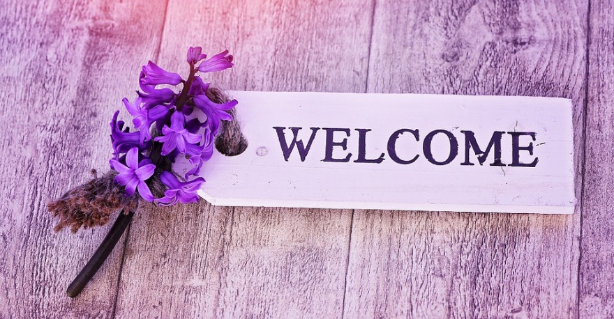 Welcome purple background with flower image