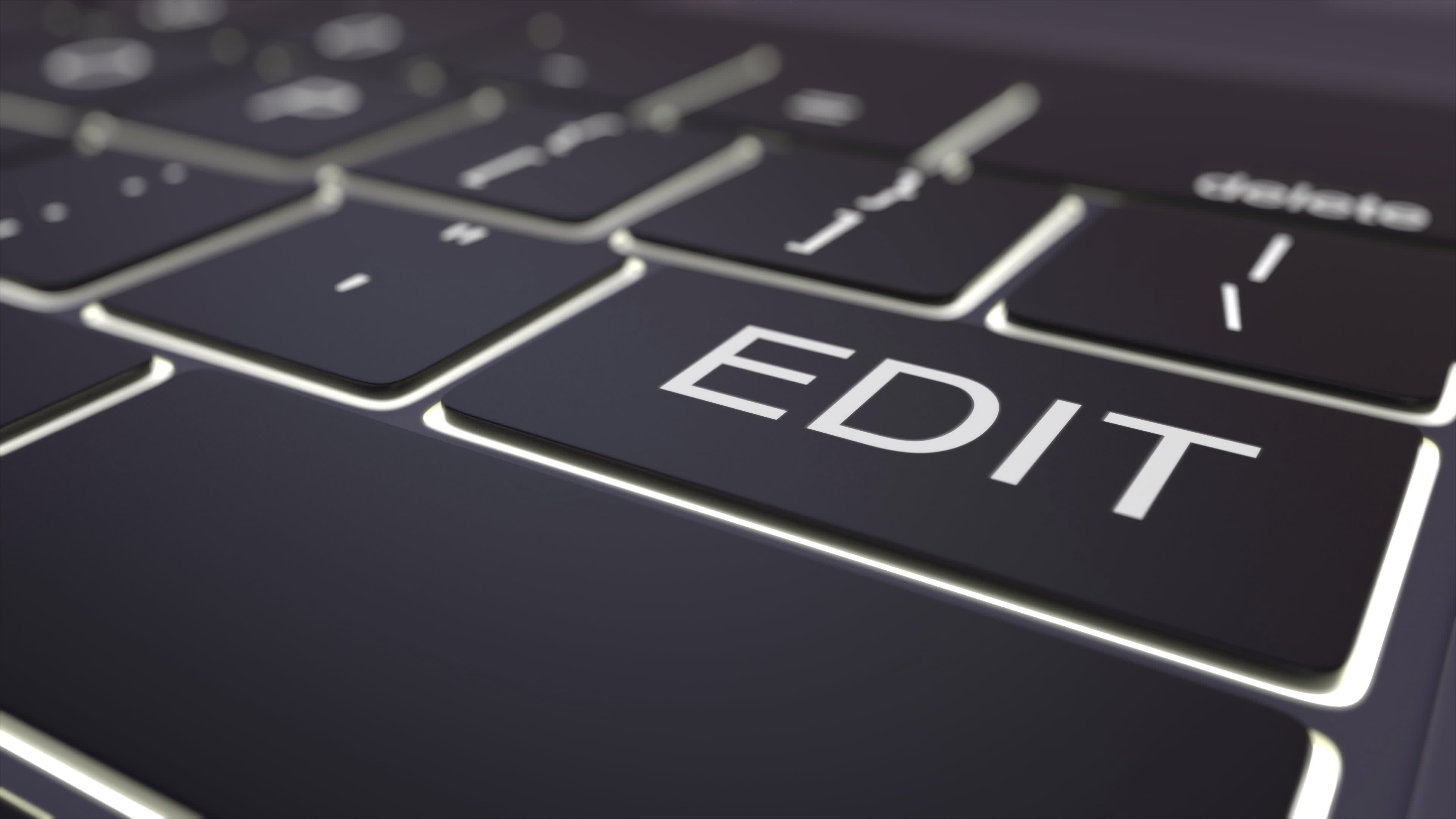Black luminous computer keyboard and edit key. Conceptual 3D rendering